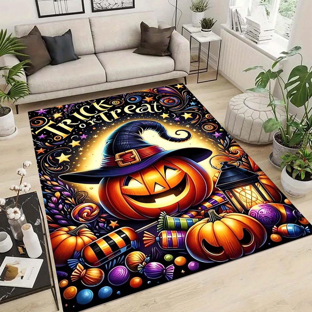 1pc Halloween Pumpkins and Candies Area Rug, Slip-Resistant, Easy-Clean, Stain-Resistant, Perfect for Cozy Living Rooms, Bedrooms, Kitchens,