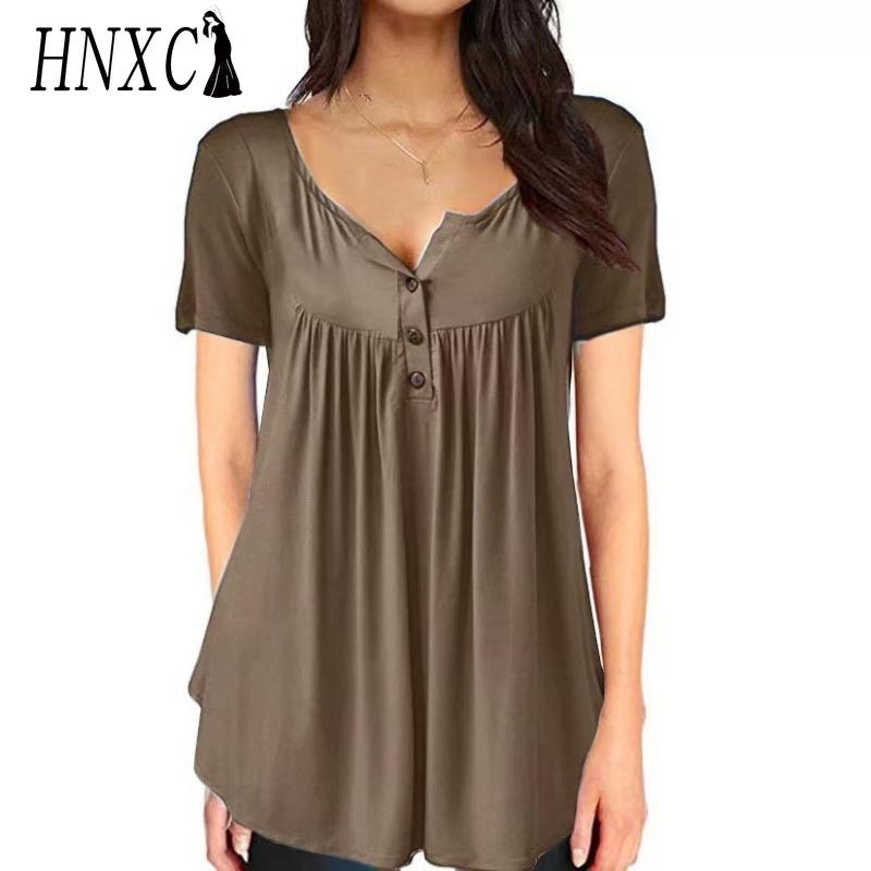HNXC Women's Fashion Casual Solid Color Print Short Sleeve Blouses & Shirts