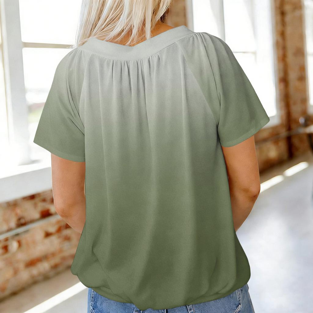 Women Short Sleeve V Neck Pleated Gradient Print Top Loose Fit Casual Blouse Lightweight Soft Fabric Summer Shirt