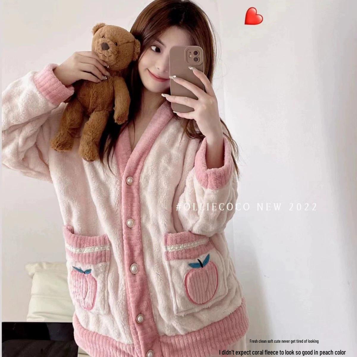 

Women s Velvet Flannel Pajama Set with Bow - Thick Coral Fleece for Autumn/Winter Warmth L (80-110 jin)
