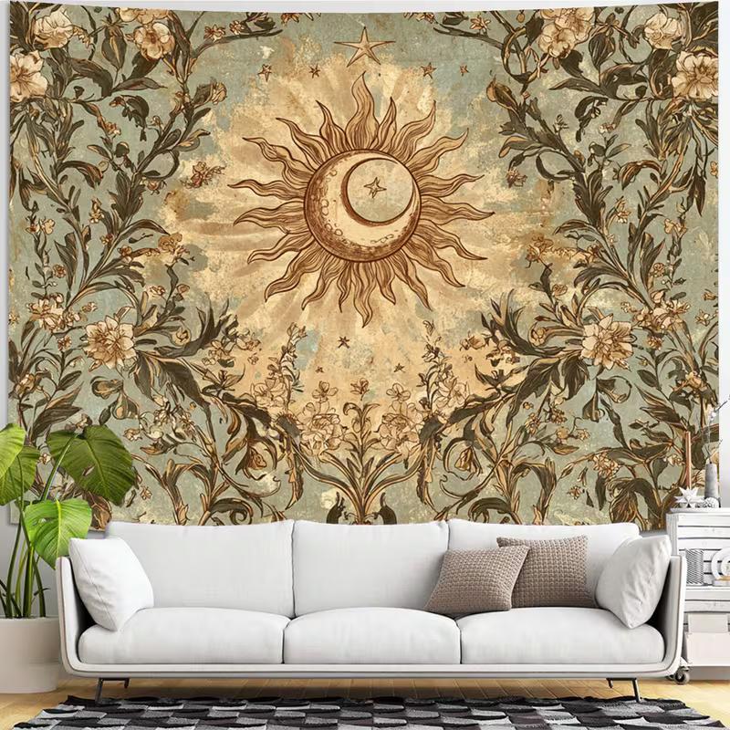 Tapisserie 2D Dark Academia Soleil Lune, Décor Mural Céleste Floral Rétro