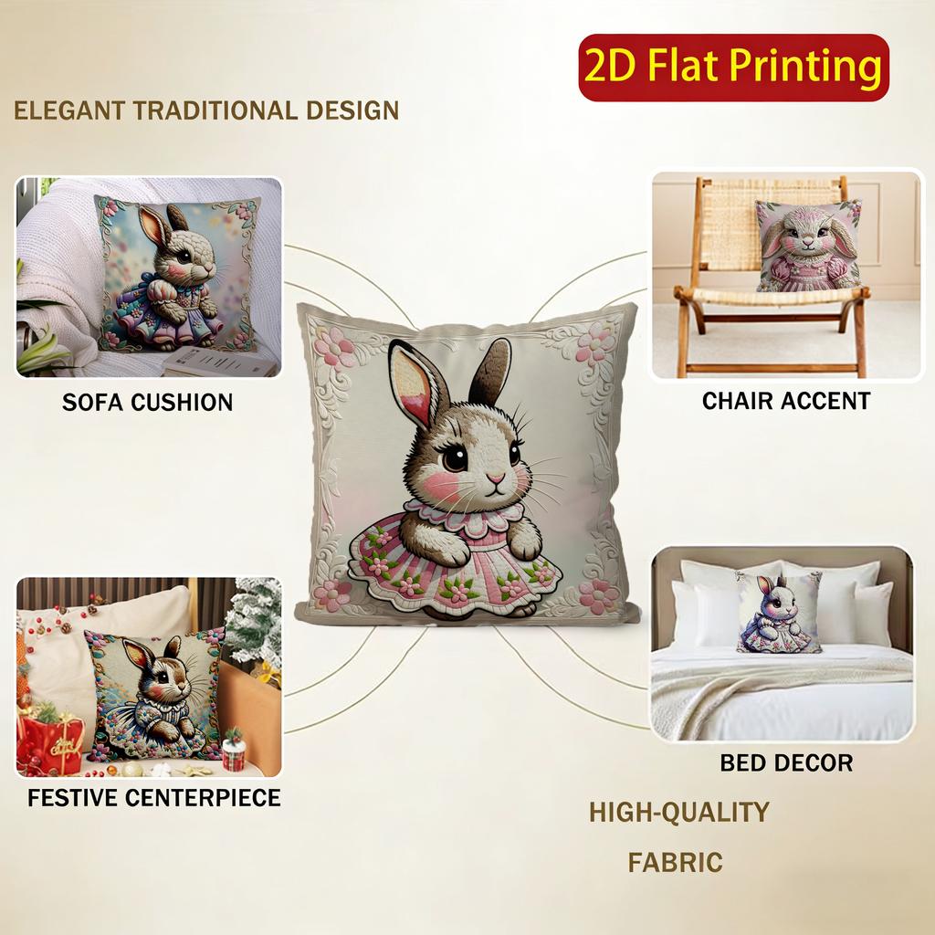 2D Cute Rabbit Dressed Up Pillow Covers Pattern Cushion Cover Suitable For Sofa Bedroom Car Pillow Cover