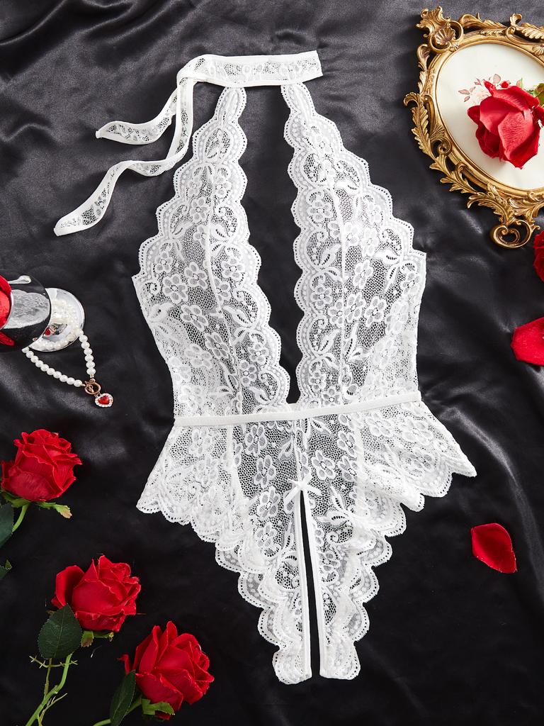 Deep V White Lace Sexy Lingerie For Women Transparent Underwear Set Crotchless Open Ass Bodysuit Female Teddies Erotic Outfits