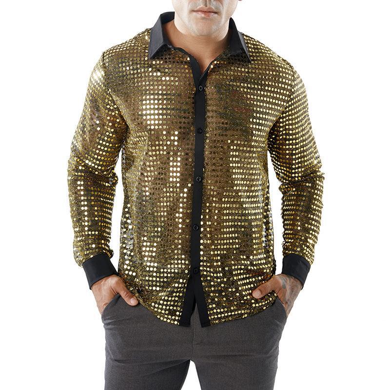 Mens Long Sleeve Performance Wear Scale Shirt Long Sleeve Collar 70s Disco Party Clothes
