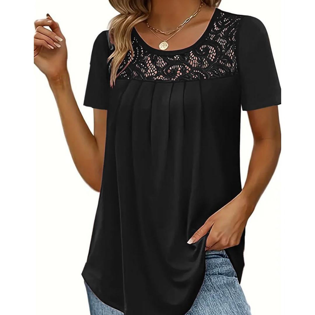 

Модные женские летние однотонные футболки с кружевным декором и U-образным вырезом с коротким рукавом, свободные пуловеры, топ 5XL чёрный