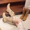 Soft Leather Hollow Western Cowboy Boots Women's 2025 Summer New Short Boots Brown Long Knight Boots High Martin Boots