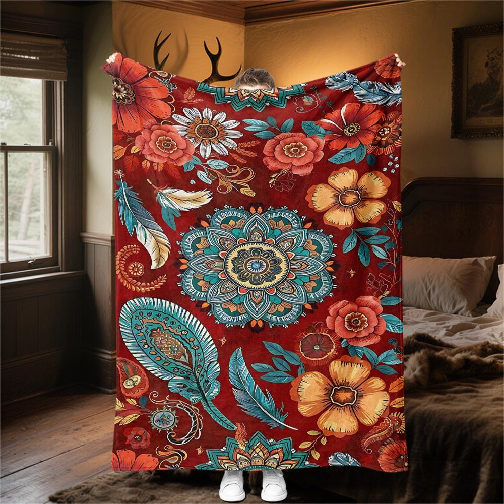 1PC Floral MandalaOutdoor Flannel Blanket - Soft Plush Decor for Picnics, camping, Bedroom, Playroom, Office, or Lunch Break 1268A