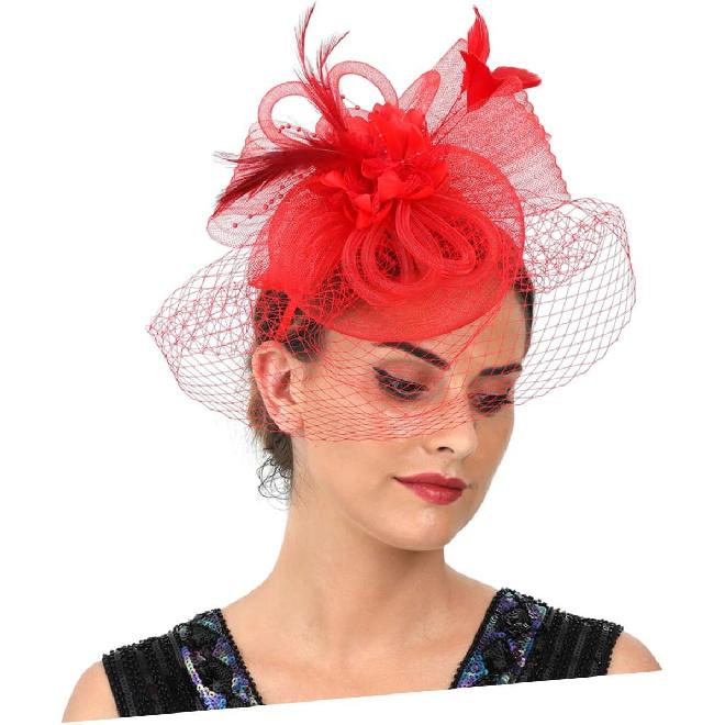 Mesh Flower Fascinator Hat Headband with Clip for Women Wedding Tea Party Cocktail Headpiece Red Mesh Plume Floral Special Occasion Accessory