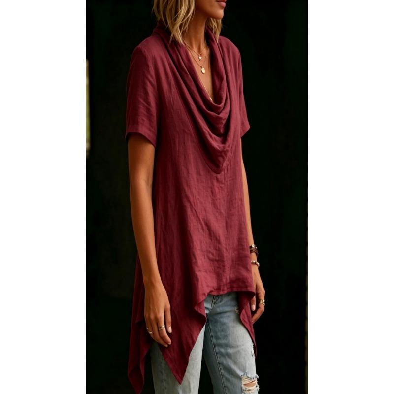 Women Casual Loose Cowl Neck Short Sleeve Asymmetric Hem Solid Blouse