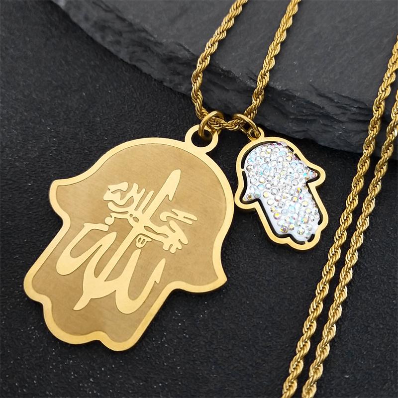 Lucky Crystal Hamsa Hand of Fatima Arabic Necklace for Women Men Stainless Steel Gold Color Necklaces Jewelry Gifts NXS05