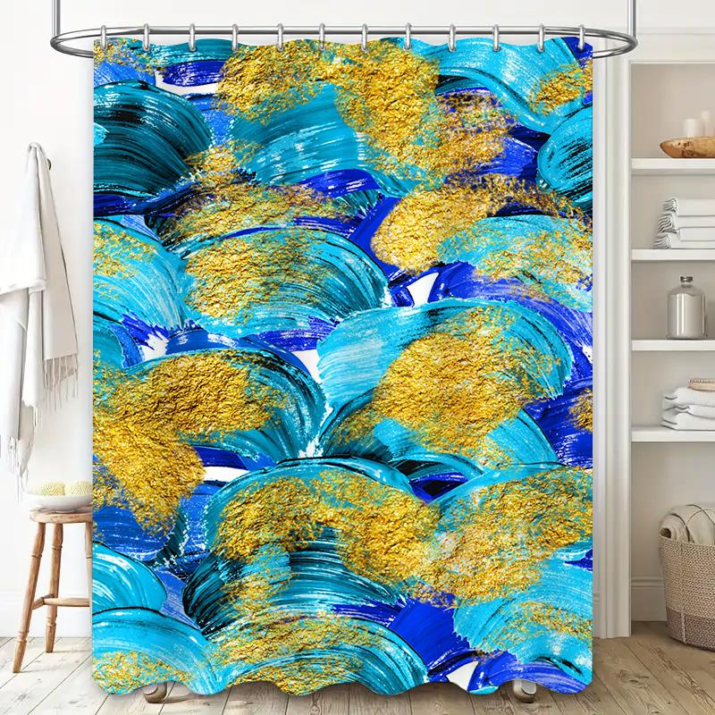 Abstract Watercolor Shower Curtain Blue Gold White Brush Stroke Design Home Decor Bathroom Accessories Waterproof Fabric Shower