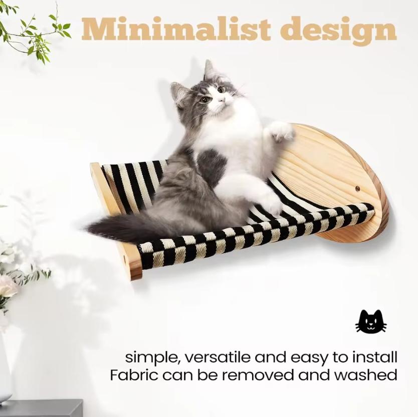 Cat Hammock Wall Mounted Large Cats Shelf - Solid Wood Cat Perches Climbing Shelf- Stripes Kitty Furniture for Sleeping