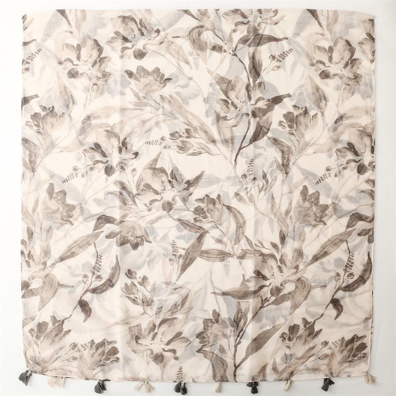 Frühling-Sommer Neu Damen Beige Floral Quasten Schal Lässiger Gaze Schal Reise Urlaub Strandtuch
