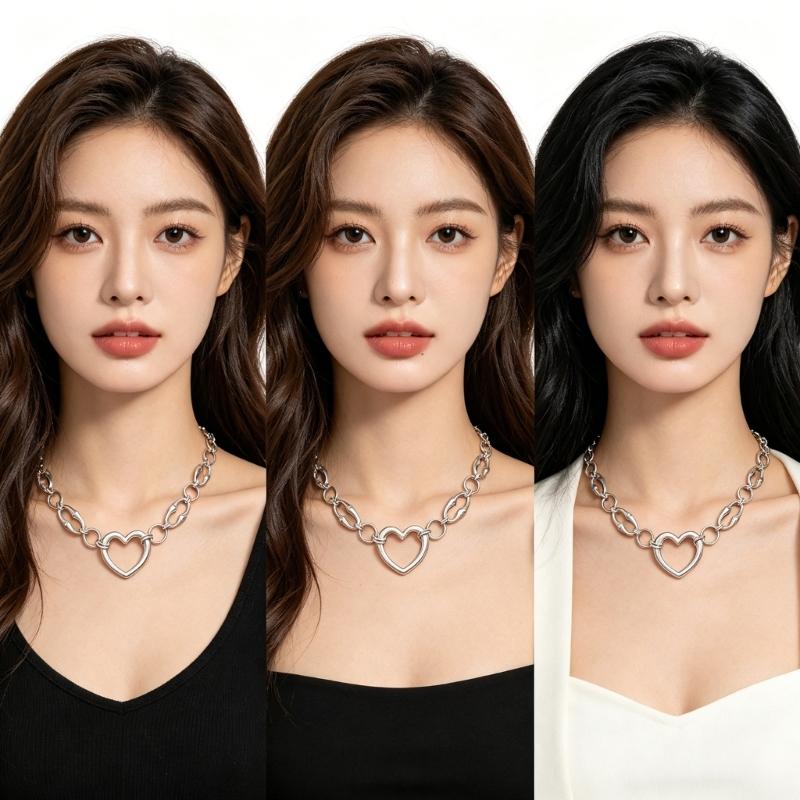 Open Heart Pendant Necklace for Women, Silver Tone Link Chain Jewelry with Adjustable 31-40 Cm Length for Daily Outfits and Gift Use
