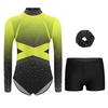 Conjunto de Rendimiento de Baile para Niños Leotardo de Manga Larga con Escote en V Pantalones Cortos con Cintura Elástica con Diadema