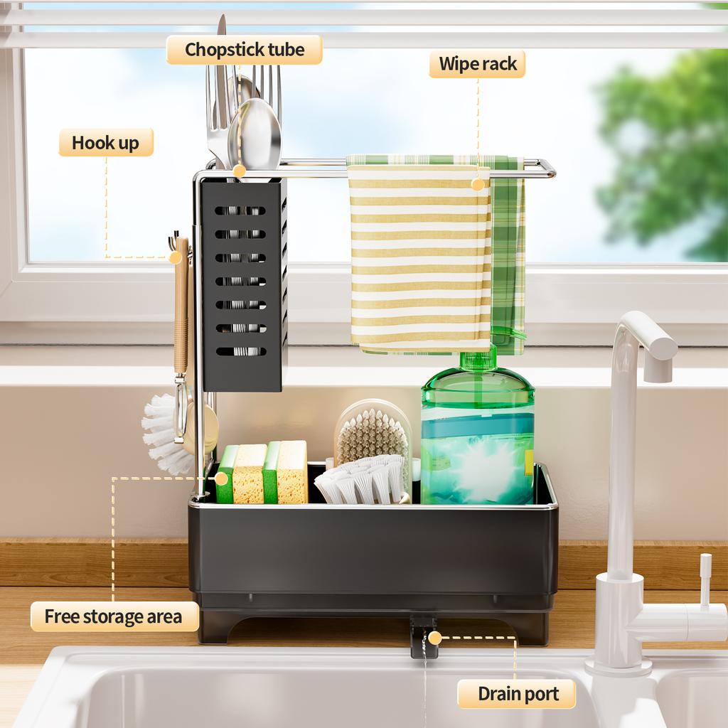 Kitchen Long Plate Gold Edge Sponge Rack, Washing Supplies Storage Rack with Towel Rack