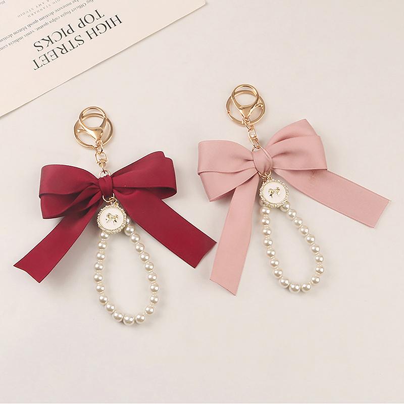 Large Bow Key Ring Pearl Keychain Car Pendant Creative Colorful Ribbon Fabric Knot Key Chain Accessories