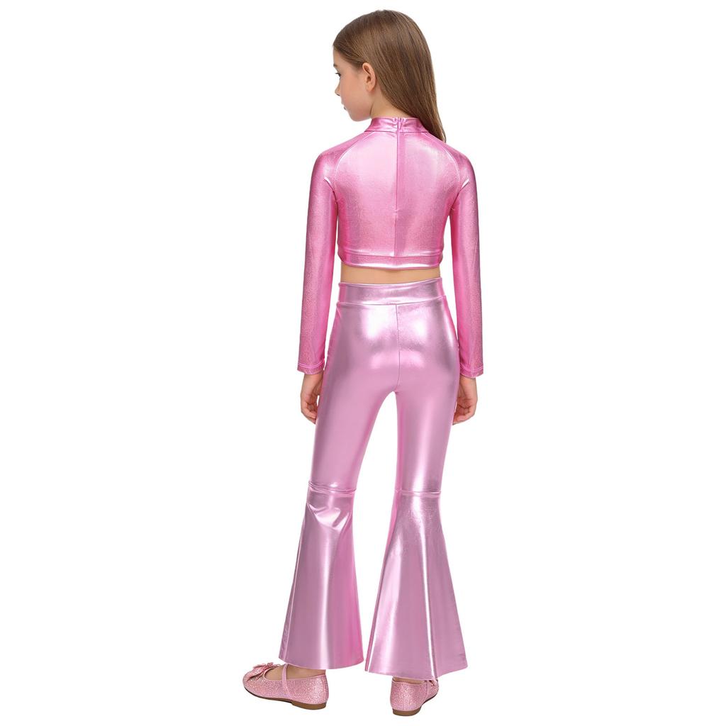 Girls Long Sleeve Sequin Metallic Crop Top Split Bell Bottom Shiny Pants Dance Performance Outfit