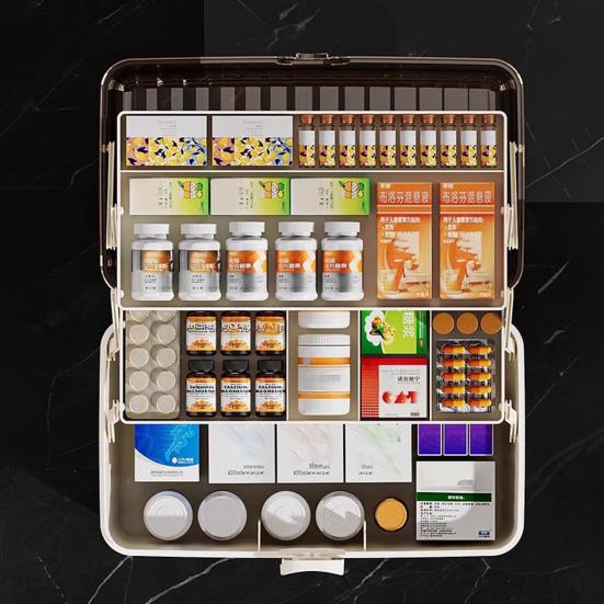 3-Tier Medicine Storage Box Medicine Organizer Lid Handle Plastic with Transparent Large Capacity Empty First Aid