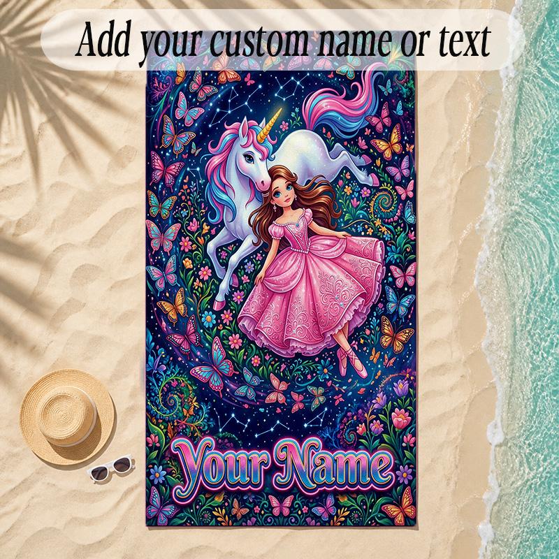 Unicorn Theme Soft Beach Towel Personalized Custom Name Text Towel Portable for Beach Pool Travel
