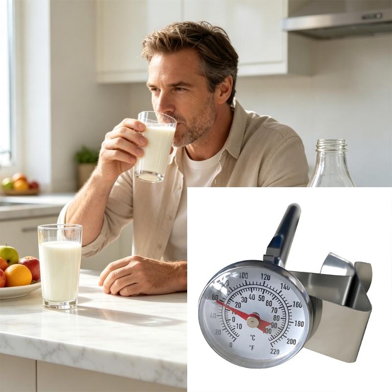 Kitchen Milk Temperature Reader with Metal Stem and Pot Side Clip, Two Scale Face for Coffee Heating and Home Cooking