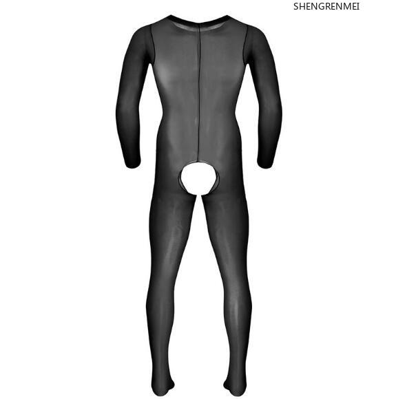 Shengrenmei Uomo Trasparenti Sottili Maniche Lunghe Girocollo Senza Cavallo Con Piedi Elasticizzati Body Collant Calze Integrali