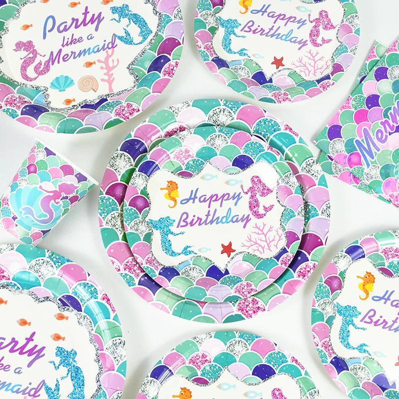 Meerjungfrau Einweggeschirr-Set Kleine Meerjungfrau Thema Pappteller Becher Kinder Mädchen Geburtstagsparty Dekoration Gastgeschenke Unter dem Meer
