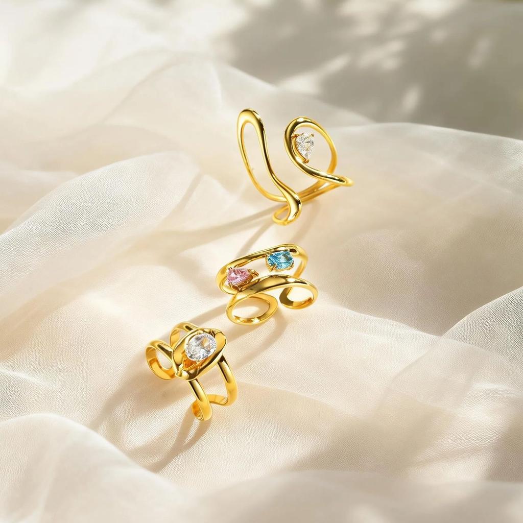 Fashion Shiny Zircon Geometric Line Open Rings for Women, High Quality Stainless Steel Ring, Gold Plated Luxury Finger Jewelry