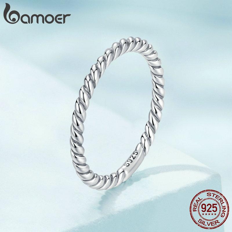 BAMOER 925 Silver Braided Texture Twisted Eternity Band Stackable Rings Fine Jewelry