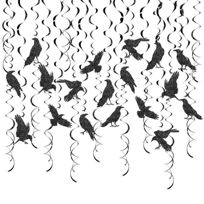 

Set of 30 Eerie Crows Ornament Halloween Party Hanging Swirls with Crows Characters and Black Spirals for Indoor Fun 1