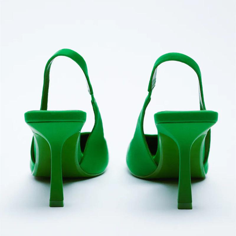 Sandalias de tacón medio de punta abierta sin espalda color verde primavera talla grande para mujer