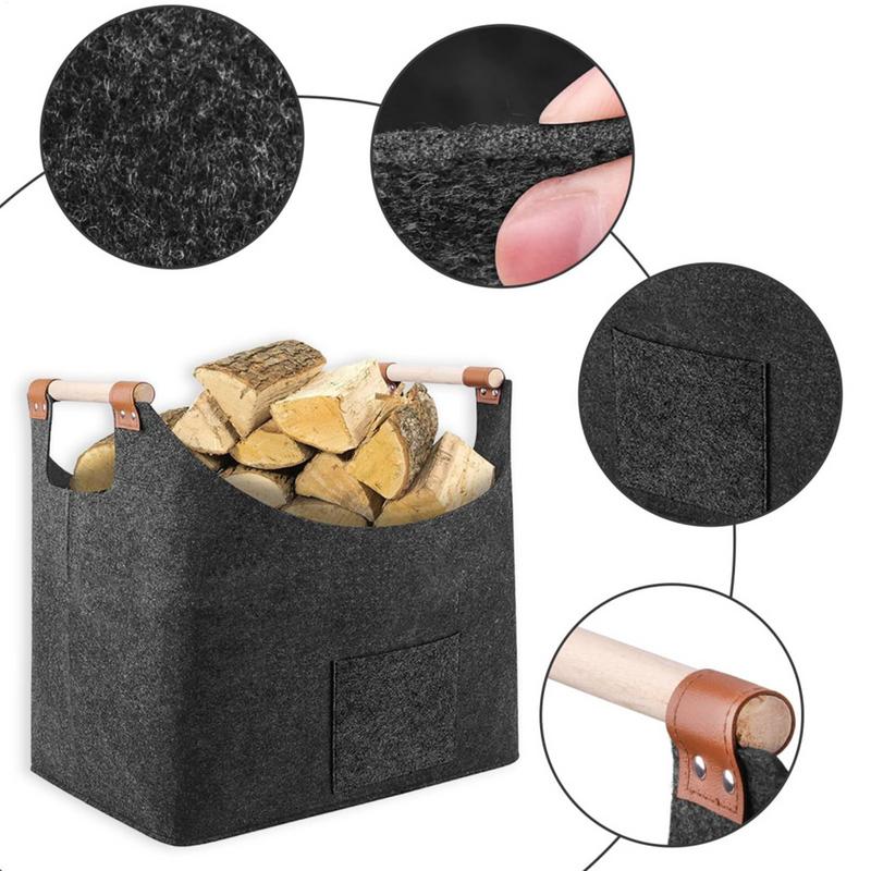 Felt Basket Firewood Box With Wooden Handles Foldable Wood Basket For Firewood Wood Newspapers Clothes Storage