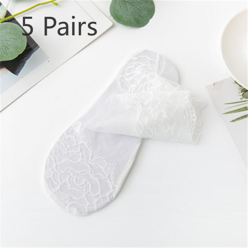 5 Pairs of Women's Summer Solid Color Thin Lace Socks