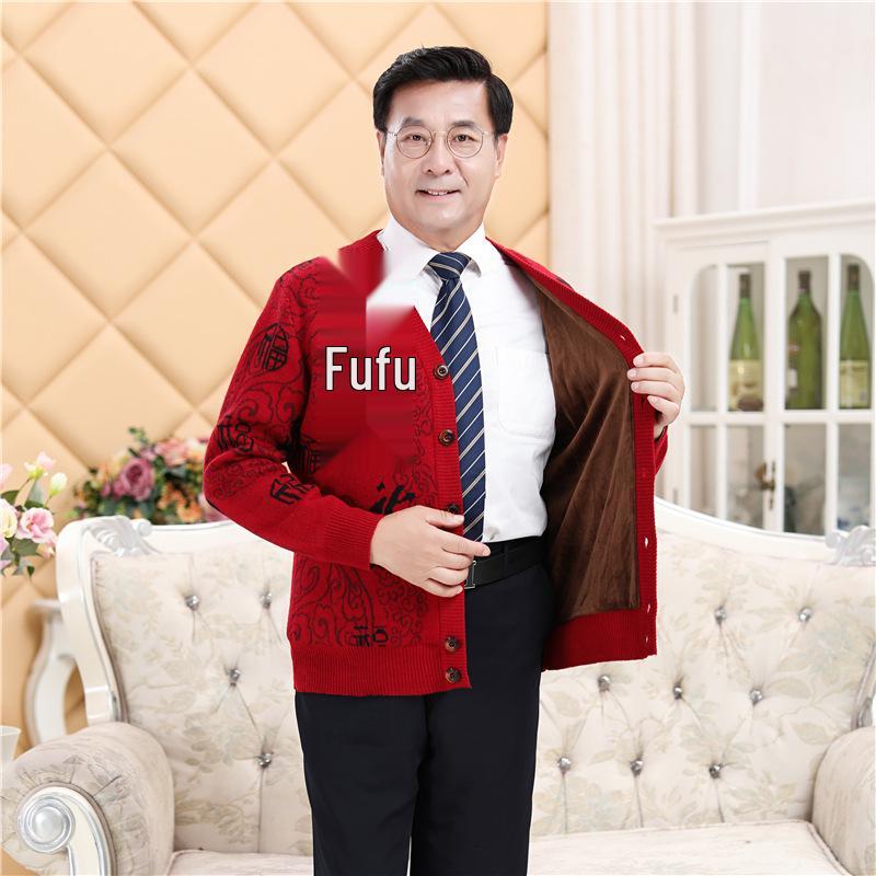 Elderly Men's Thickened Knitted Cardigan with Fleece, Wool Sweater for Grandpa and Grandma, Red Jacket