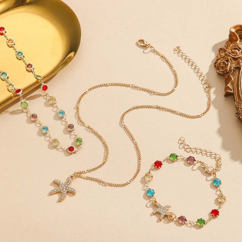 Fashion Colorful Zircon Starfish Pendant Necklace Bracelet for Women Luxury Gold Color Crystal Temperament Choker Zircon Gifts