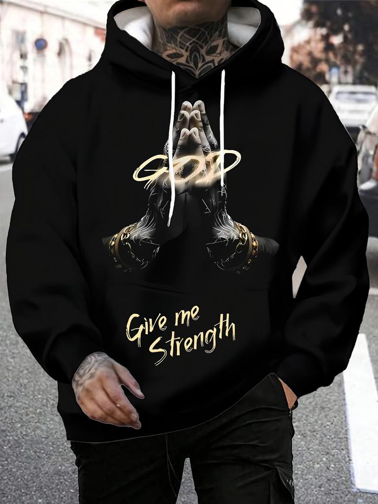Men'S Casual Sports Fashion Trendy Fitness Outdoor Home Hooded Sweatshirt, Sweatshirt, Pray to GOD Pattern 3D Printing, Regular Fit, Elastic, with