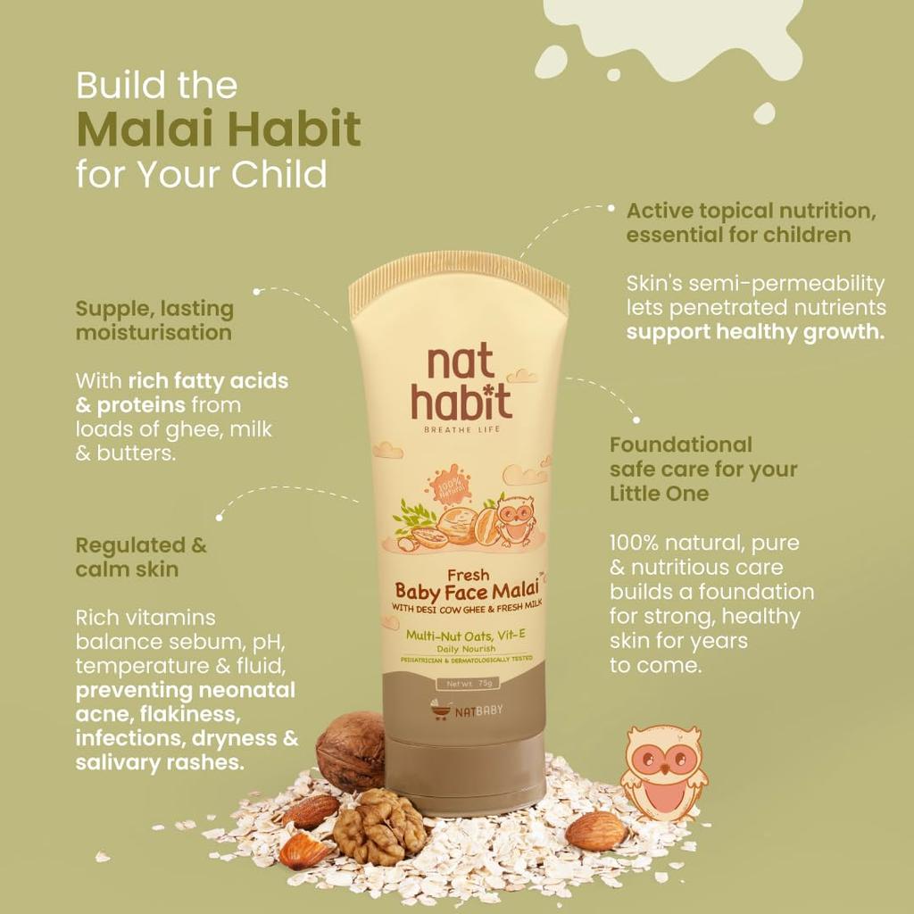 Nat Habit Baby Face Malai Creme Mit Multi-Nut Haferflocken Und Vitamin E Für Sanfte Tiefenpflege Und Geschmeidigkeit Der Haut - 75ml