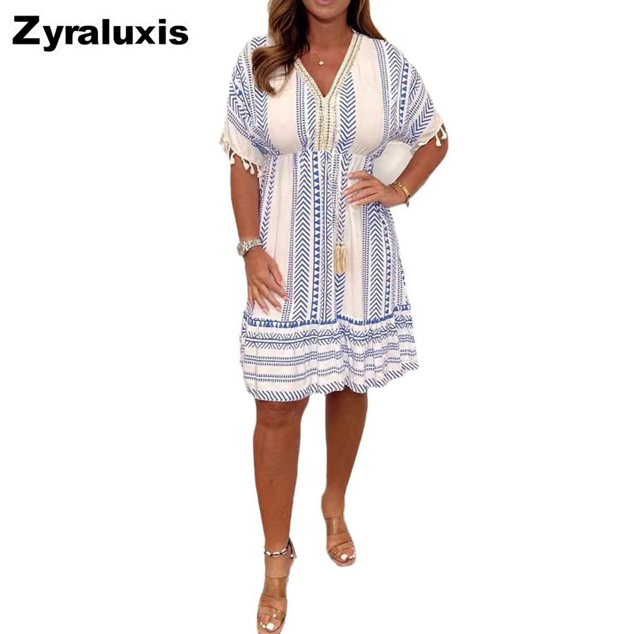 Fashion New Printed Lace Trim V-Neck Short Sleeve Dress S синий