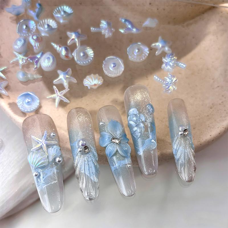 50Pcs Ocean Nail Art Charms Aurora Shell Starfish Mermaid Tail Nail Art Decors Gem Beach  Ice Clear Nail Decorations