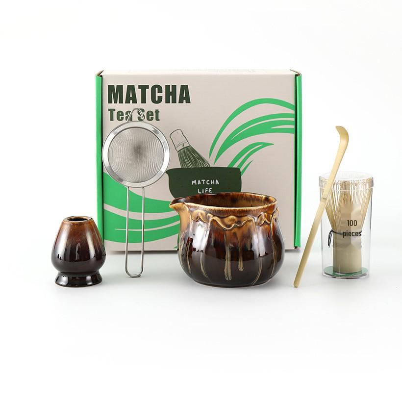 Ceramic Japanese Matcha Tea Ceremony Set with Hundred-Pronged Whisk, Holder, and Brush