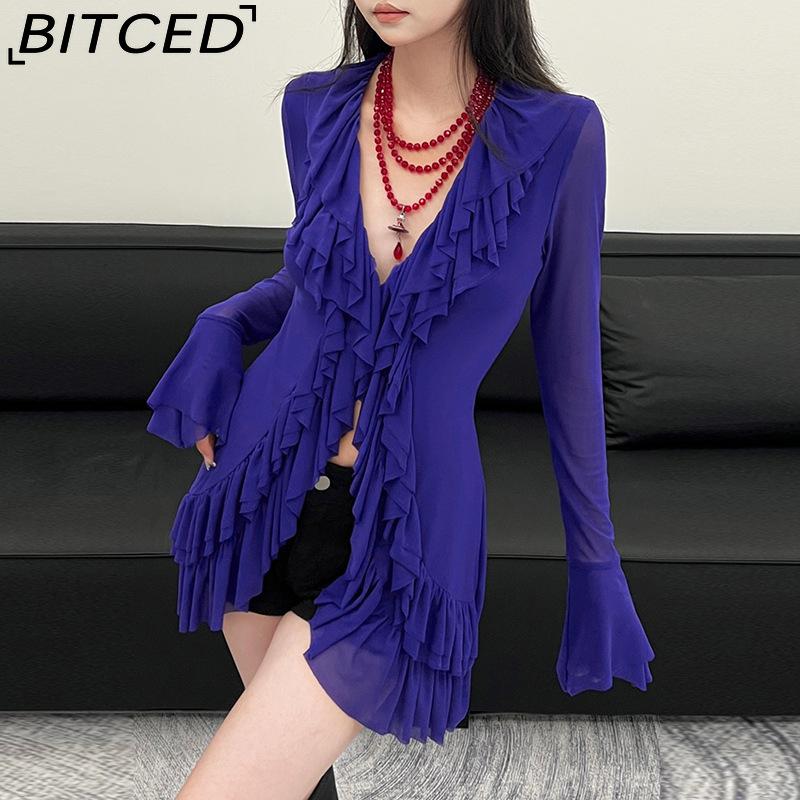 BITCED Fall Women's Solid-Color Slim-Fit Streetwear V-Neck Long-Sleeve Mesh Top