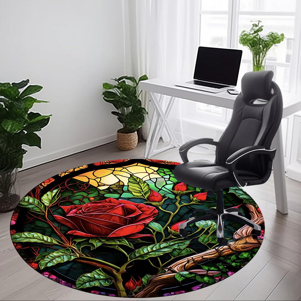 1pc Stained Glass Rose Chair Carpet for Office Non-Slip, Machine Washable Rug for Office - Holiday DecorMachine Made yy251029113