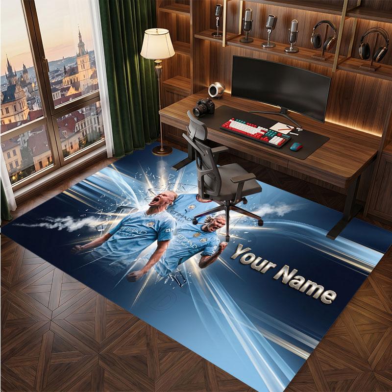 Erling Haaland Custom Crystal Velvet Rug, Personalized Name Text Print, Football Logo Soft Non‑Slip Floor Mat Home Decor Gift
