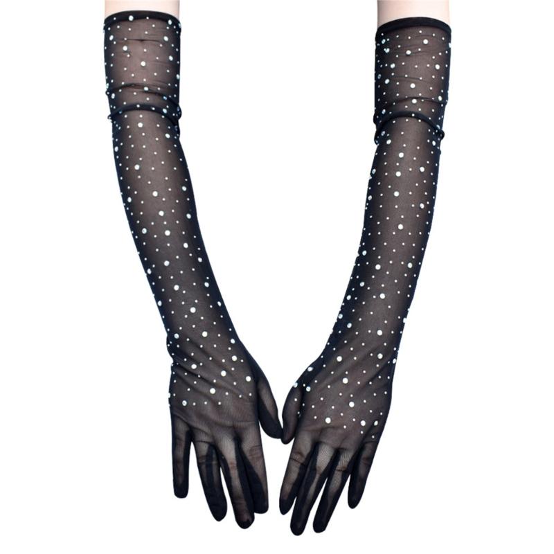 Women Lace Long Gloves with Rhinestones Drilling for Halloween and Prom Event Evening Party 1920S Flapper Costume Gloves