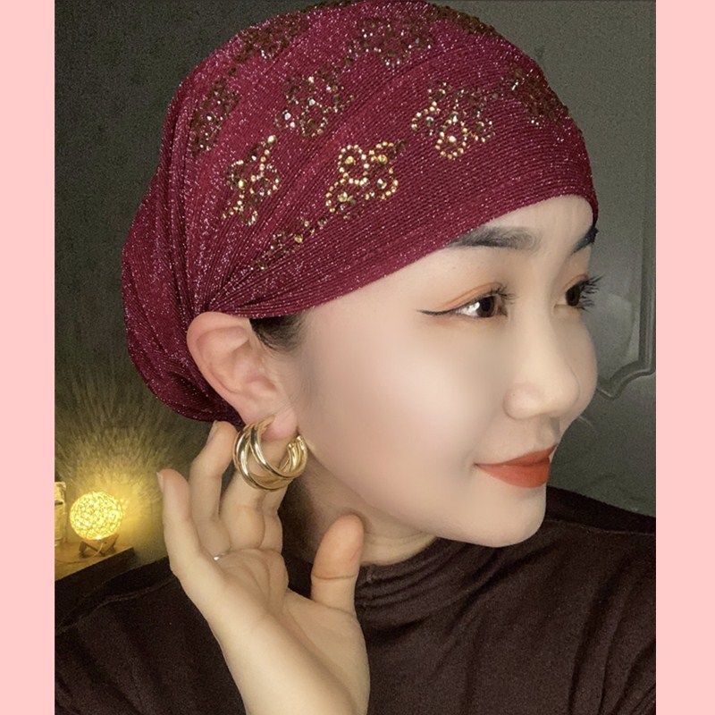 2022 New Design Plum Flower Ao Drill Hat Xinjiang Hat Muslim the New Scarf Is Easy to Cover the Head and Double Elastic Hat