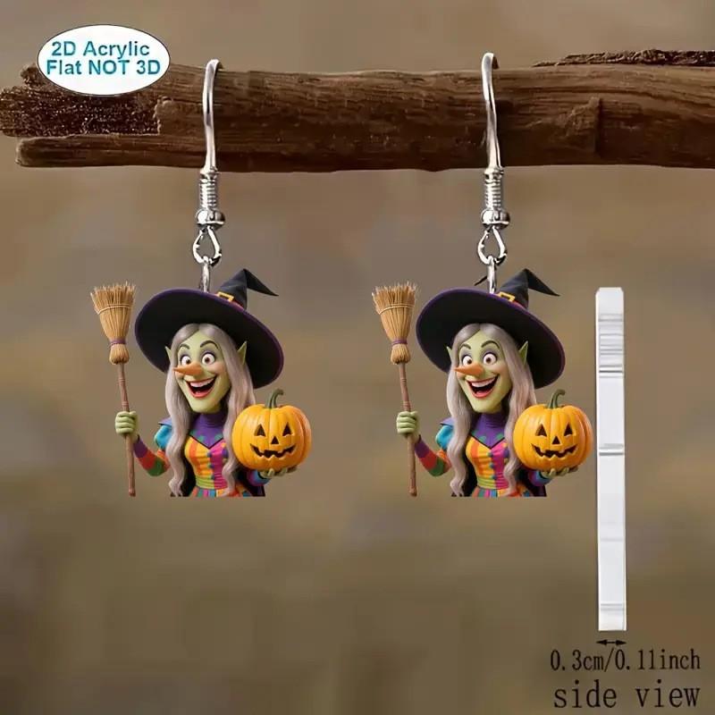 Theme Halloween Witch Broom And Pumpkin Pattern Women Earrings Festival For