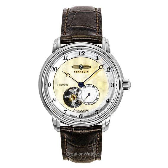 Zeppelin Men's Gold Friedrichshafe Brown Leather Strap Open Heart Dial Automatic 85665 Watch