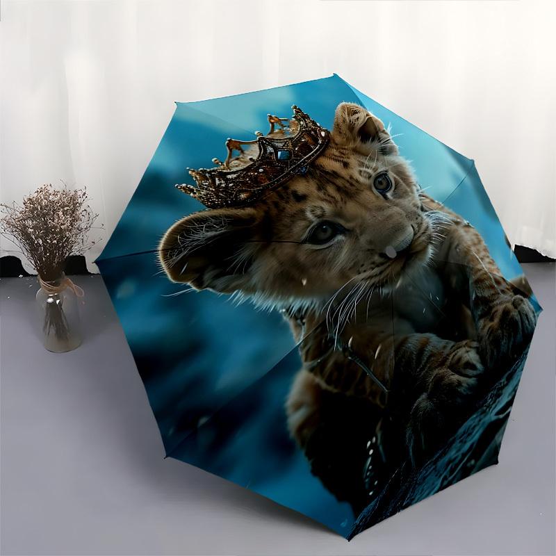 Lion Cub, Crowned Lion Themed Automatic Opening and Closing Umbrella, Brightly Colored 8-rib Portable Umbrella, Suitable for Men and Women, A Perfect