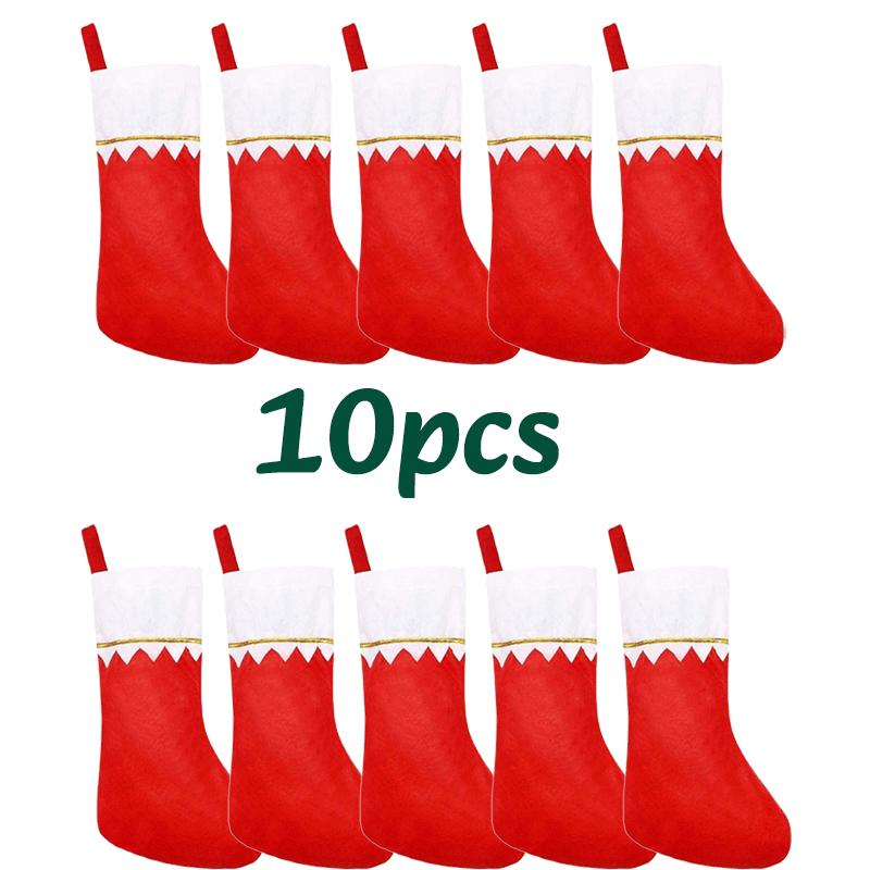 10/20PC Red Felt Christmas Stockings Hanging Bag With Golden Trim  Non-Woven Fabric Xmas StockingsFireplace Party Hanging Decor