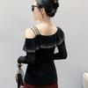 Spring Autumn Streetwear Spring Sexy Off Shoulder Women's T-Shirt Elegant Slim Design Tops Female Chic Ruffles Hot Diamonds Tees